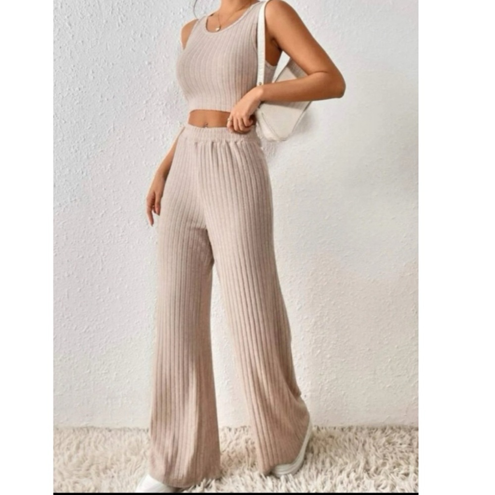 Sincerly Jules Ribbed Knit Top & Pants Tan Set